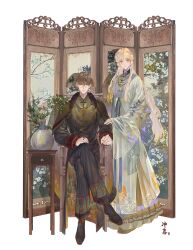 2boys alternate_costume banba_zenji bishounen blonde_hair blue_eyes brown_eyes brown_hair bug butterfly chair chinese_clothes crossdressing crossed_legs flower full_body hakata_tonkotsu_ramens hanfu highres insect jewelry long_hair long_sleeves looking_at_viewer male_focus multiple_boys plant short_hair sitting smile trap vase very_long_hair xianming_lin yaoi yinzinmiemie
