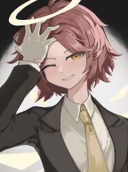 Rule 34 | 1girl, ambience synesthesia, arknights, black jacket, blazer, brown hair, collared shirt, exusiai (arknights), gloves, grey gloves, grey halo, grey shirt, grin, halo, hand on own head, highres, jacket, lapels, lilyofhobby, long sleeves, looking at viewer, necktie, official alternate costume, one eye closed, shirt, short hair, smile, solo, traditional halo, upper body, yellow eyes, yellow necktie