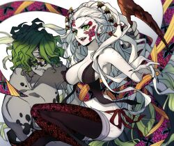 Rule 34 | 1boy, 1girl, black hair, black panties, breasts, brother and sister, colored skin, daki (kimetsu no yaiba), demon boy, demon girl, facial mark, goshiko86g, gradient hair, green eyes, green hair, gyuutarou (kimetsu no yaiba), kimetsu no yaiba, large breasts, multicolored hair, panties, sash, sharp teeth, siblings, teeth, underwear, white hair, white skin
