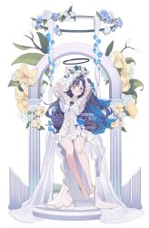 1girl blue_archive blue_flower blush bridal_veil bride cape dress flower hair_between_eyes hair_flower hair_ornament highres holding holding_wreath ice_(icepuli) long_hair looking_at_viewer purple_eyes purple_hair see-through_clothes see-through_sleeves sidelocks sitting smile veil wedding_dress white_cape white_dress white_flower white_footwear white_veil yellow_flower yuuka_(blue_archive)