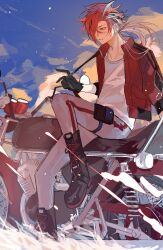 1boy belt black_boots black_gloves boots dianci_sanweixian fate/grand_order fate_(series) gloves highres holding_strap jacket long_hair male_focus motor_vehicle motorcycle official_alternate_costume open_clothes open_jacket ponytail pouch red_eyes red_jacket riding shirt solo takasugi_shinsaku_(exhibition_attire)_(fate) takasugi_shinsaku_(fate) thigh_belt thigh_pouch thigh_strap white_shirt