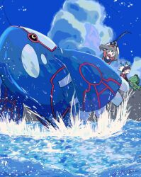 1boy 1girl :d bandana blank_eyes brendan_(pokemon) brown_eyes brown_hair cloud donguri_big fishing fishing_line fishing_rod gen_3_pokemon gen_4_pokemon gloves hat highres holding holding_fishing_rod kyogre legendary_pokemon manaphy may_(pokemon) mythical_pokemon nintendo on_head open_mouth outdoors pokemon pokemon_(creature) pokemon_on_head pokemon_rse red_bandana red_shirt shirt short_hair short_sleeves smile treecko water