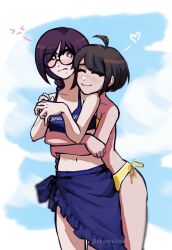 &gt;_&lt; 2girls ahoge annoyed bikini blue_bikini blue_sky blush bright_pupils brown_hair closed_eyes closed_mouth cloud commentary danganronpa:_trigger_happy_havoc danganronpa_(series) danganronpa_another_episode:_ultra_despair_girls danganronpa_s:_ultimate_summer_camp day english_commentary eyelashes fukawa_toko glasses heart highres hug hug_from_behind lily_(superkiiisa) long_hair mole mole_under_mouth multiple_girls naegi_komaru navel outdoors purple_eyes purple_hair round_eyewear sarong sky smile spoken_expression spoken_heart stomach swimsuit twitter_username white_pupils yellow_bikini yuri