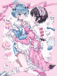 Rule 34 | 2boys, absurdres, angel wings, apron, back bow, bandaid, bandaid on knee, bandaid on leg, black bow, black eyes, black hair, black wings, blue bow, blue eyes, blue hair, blue jacket, blue shirt, blush, bow, cake, cake slice, cat, cat hair ornament, closed mouth, collared jacket, commentary, cookie, crossdressing, crossdressing (mtf), cupcake, demon tail, demon wings, donut, dress, expressionless, feathered wings, flower, food, frilled shirt collar, frilled sleeves, frills, fruit, hair ornament, hand on another&#039;s chin, heart, heart-shaped cookie, heart-shaped food, heart hair ornament, heart in eye, highres, hiro 0607, jacket, jersey maid, juliet sleeves, long sleeves, maid, maid headdress, male focus, male maid, mary janes, multiple boys, original, pink bow, pink dress, pink ribbon, puffy sleeves, rabbit, rabbit hair ornament, ribbon, shirt, shoes, short hair, sneakers, socks, star (symbol), strawberry, strawberry shortcake, symbol-only commentary, symbol in eye, tail, teapot, teardrop, track jacket, trap, unconventional maid, white apron, white bow, white flower, white shoes, white socks, white wings, wings