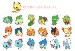 :3 animal_ear_fluff black_eyes bright_pupils bulbasaur charmander chespin chikorita chimchar claws closed_eyes closed_mouth colored_sclera copyright_name cyndaquil fennekin fire flame-tipped_tail froakie full_body gen_1_pokemon gen_2_pokemon gen_3_pokemon gen_4_pokemon gen_5_pokemon gen_6_pokemon lai_(pixiv1814979) mudkip nintendo no_humans oshawott pikachu piplup pokemon pokemon_(creature) red_eyes simple_background snivy squirtle starter_pokemon_trio tail tepig torchic totodile treecko turtwig white_background white_pupils yellow_sclera