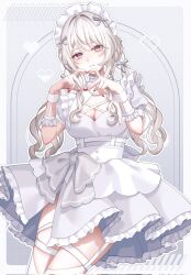 1girl alternate_costume apron bead_necklace beads blush braid breasts brown_eyes closed_mouth dress enmaided frilled_apron frills hair_ribbon highres jewelry long_hair looking_at_viewer maid maid_apron maid_headdress medium_breasts necklace original pochimaru_(marumaru_wanwan) red_nails ribbon simple_background solo thighhighs waist_apron white_apron white_dress white_hair white_ribbon white_thighhighs