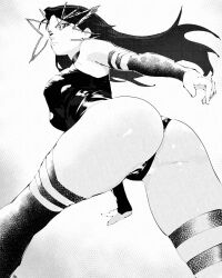 1girl animification ass bare_shoulders breasts elbow_gloves gloves highleg highleg_leotard highres large_breasts leotard long_hair looking_at_viewer marvel marvel_rivals miregeist monochrome psylocke sash superhero_costume thighhighs x-men