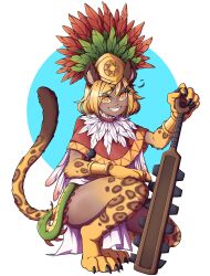1girl absurdres animal_ears bracelet commentary dark_skin english_commentary feathers highres jaguar_ears jaguar_girl jaguar_tail jewelry macuahuitl mefomefo monster_girl ocelomeh_(monster_girl_encyclopedia) original poncho smile snake solo tail thighs tongue tongue_out warrior wayob weapon yellow_eyes