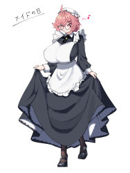 1girl absurdres ahoge black_dress black_pantyhose black_shoes blush breasts closed_mouth dress fanged_bangs full_body glasses hat highres huge_breasts long_sleeves maid medium_hair original pantyhose pink_eyes pink_hair shoes simple_background solo warabi_mochi_(w4rabimochi) white_background white_hat