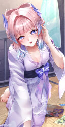 1girl absurdres blue_hair blush bow bow-shaped_hair breasts collarbone commentary genius_invokation_tcg genshin_impact gradient_hair hand_in_own_hair highres japanese_clothes kimono long_hair long_sleeves multicolored_hair neco_taya open_mouth pink_hair purple_bow purple_eyes purple_kimono purple_sash sangonomiya_kokomi sash shell shell_hair_ornament shell_print smile solo two-tone_hair