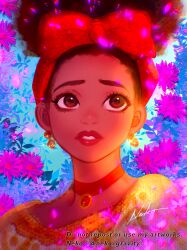 1girl absurdres bow brown_eyes brown_hair choker curly_hair dark-skinned_female dark_skin dolores_madrigal dress earrings encanto hair_bow highres jewelry nyamunekonabe red_bow red_choker shirt simple_background solo very_dark_skin