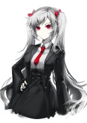1girl arknights black_skirt bow grey_hair hair_bow hand_on_own_hip highres jacket long_hair looking_at_viewer necktie open_clothes open_jacket original pale_skin red_bow red_eyes red_necktie shirt skirt twintails underbust very_long_hair white_shirt wide_sleeves windworker