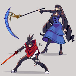 1boy 1girl artist_name black_gloves black_hair blue_dress boots breasts butter_sugoi capelet cleavage cleavage_cutout clothing_cutout dress drill_hair fingerless_gloves gloves high_heel_boots high_heels highres holding holding_scythe holding_sword holding_weapon juliet_sleeves knee_boots large_breasts long_dress long_hair long_sleeves original pants puffy_sleeves red_capelet red_eyes scythe signature smile sword topknot torn_clothes torn_pants twin_drills very_long_hair weapon