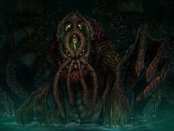 absurdres cthulhu cthulhu_mythos eldritch_abomination extra_eyes giant giant_monster highres hold111 horror_(theme) looking_at_viewer monster monster_focus no_humans outstretched_arm solo standing tentacle_mouth tentacles wading water wings