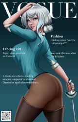 1girl aqua_nails ass blackcapbandit blue_eyes blue_eyeshadow blue_shirt borrowed_character breasts cover eyelashes eyeshadow hair_between_eyes hand_on_own_head highres holding holding_sword holding_weapon lips makeup original pantyhose pinup_(style) qr_code rapier rapier-chan_(centurii-chan) shirt sidelocks solo striped_clothes striped_shirt sword weapon white_hair
