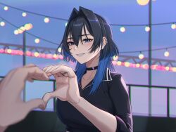 1girl 1other absurdres black_choker black_hair black_shirt blue_hair choker ear_piercing evening grin hair_intakes heart heart_hands heart_hands_duo highres hololive hololive_english jewelry multicolored_hair ouro_kronii outdoors piercing ring shirt smile teeth two-tone_hair zenya