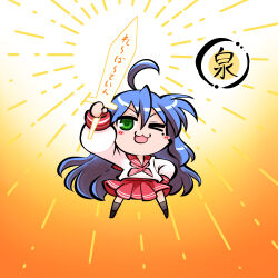 1girl ahoge blue_hair chibi chibi_only full_body green_eyes hand_on_own_hip holding holding_sword holding_weapon izumi_konata kashuu_(b-q) long_hair lucky_star mole mole_under_eye one_eye_closed red_skirt ryouou_school_uniform school_uniform skirt solo sword translation_request weapon
