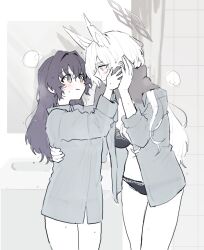 2girls absurdres animal_ears blue_archive blush bra breasts breath commentary_request dog_ears female_sensei_(blue_archive) halo hand_on_another&#039;s_waist highres kanna_(blue_archive) large_breasts limited_palette long_hair multiple_girls open_clothes open_shirt panties sensei_(blue_archive) senta_(ysk_0218) smile sweat towel towel_around_neck underwear yuri