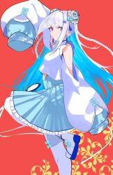 Rule 34 | 1girl, aqua bow, arm up, bare shoulders, blue hair, blue shoes, blue skirt, bow, braid, chinese clothes, clothing cutout, colored inner hair, double bun, from side, gohan (gohanchang), hair bun, hair ornament, high-waist skirt, highres, leg up, legs, lize helesta, lize helesta (11th costume), long hair, long sleeves, looking at viewer, multicolored hair, nijisanji, purple eyes, shoes, shoulder cutout, skirt, sleeves past fingers, sleeves past wrists, standing, standing on one leg, thighhighs, virtual youtuber, white hair, white thighhighs
