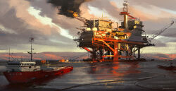 architecture blue_sky cable cloud cloudy_sky crane_(machine) darek_zabrocki day faux_traditional_media fire gradient_sky highres mountainous_horizon no_humans ocean oil_painting_(medium) oil_rig original outdoors painting_(medium) scenery ship signature sky smoke sunset traditional_media watercraft