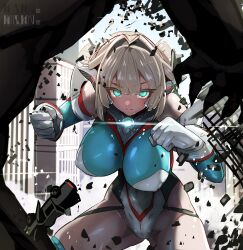 1girl absurdres aqua_eyes artist_name blonde_hair blue_eyes borrowed_character breasts building clenched_hands closed_mouth covered_erect_nipples covered_navel debris destruction detached_sleeves exciel_cian giant giantess gloves glowing glowing_eyes green_eyes hair_intakes highres impossible_clothes impossible_leotard large_breasts leotard looking_at_viewer magical_girl mecha_musume natsukaze_shigure original rubble short_hair skin_tight solo thighhighs white_gloves