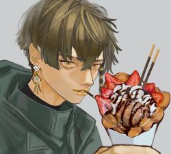 Rule 34 | ambiguous gender, androgynous, brown hair, chocolate-covered food, chocolate syrup, crescent, dessert, earrings, eye symbol, eyebrow cut, food, fruit, hair between eyes, holding, holding food, ice cream, jewelry, looking at viewer, original, pocky, short hair, simple background, solo, strawberry, sweets, whipped cream, yksm ktn