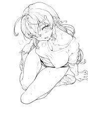 1girl absurdres bandaid bandaid_on_leg blush breasts cleavage full_body greyscale hashiguchi_takashi highres long_hair looking_at_viewer monica_adenauer monochrome open_mouth simple_background solo sweat white_background yakitate!!_japan