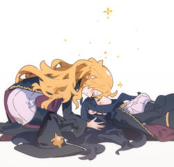 2girls affectionate ahoge aqi_(19559573) aunt_and_niece black_hair blonde_hair blush breasts cape closed_eyes commentary_request dress dronia_(majo_no_ryodan) eyelashes forehead-to-forehead from_side hair_between_eyes hat heads_together kneeling long_hair long_sleeves luca_(majo_no_ryodan) lying multiple_girls on_back profile refrain_no_chika_meikyuu_to_majo_no_ryodan simple_background smile sparkle unworn_headwear very_long_hair white_background witch_hat
