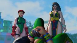 3d 3girls alternate_costume beret breasts cammy_white capcom chun-li cleavage curvy female_focus gauntlets hat highres large_breasts laura_matsuda leotard multiple_girls muscular nature outdoors plant screencap sky street_fighter street_fighter_v thick_thighs thighs