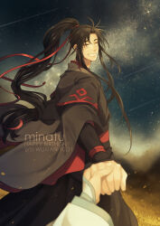 Rule 34 | 2boys, ahoge, artist name, black hair, black hanfu, character name, chinese clothes, closed eyes, commentary, dated, english commentary, floating clothes, floating hair, grin, hair ribbon, hanfu, happy birthday, high ponytail, holding hands, implied yaoi, lan wangji, long hair, long sleeves, looking at viewer, male focus, minataka94, modao zushi, multiple boys, night, night sky, out of frame, outdoors, ponytail, pov, pov hands, red ribbon, red sash, ribbon, robe, sash, shooting star, sidelocks, sky, sleeves past wrists, smile, solo focus, standing, star (sky), starry sky, very long hair, watermark, wei wuxian, white hanfu, wide sleeves, wind