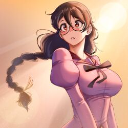 1girl absurdres bakemonogatari black-framed_eyewear black_hair black_ribbon blush braid breasts commentary dilan_griz double-parted_bangs glasses hair_between_eyes hair_ornament hair_tie hairclip hanekawa_tsubasa highres juliet_sleeves large_breasts light_particles long_hair long_sleeves monogatari_(series) naoetsu_high_school_uniform orange_eyes parted_lips puffy_sleeves ribbon school_uniform semi-rimless_eyewear single_braid solo under-rim_eyewear upper_body yellow_background