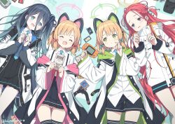 4girls :d ^_^ animal_ear_headphones animal_ears aris_(blue_archive) black_hair black_skirt blonde_hair blue_archive blue_bow blue_eyes bow braid cat_ear_headphones cat_tail closed_eyes commentary_request fake_animal_ears fake_tail game_boy game_development_department_(blue_archive) green_eyes green_halo hair_between_eyes hair_bow halo handheld_game_console headphones highres jacket kanzaki_hiro long_hair long_sleeves looking_at_another lying midori_(blue_archive) momoi_(blue_archive) multiple_girls on_back open_mouth pink_halo pleated_skirt red_bow red_hair shirt short_hair skirt smile tail thighs twitter_username very_long_hair white_jacket white_shirt yellow_halo yuzu_(blue_archive)