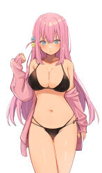 1girl absurdres ahoge ao_(flowerclasse) bikini black_bikini blue_eyes blush bocchi_the_rock! breasts closed_mouth commentary cube_hair_ornament gotoh_hitori hair_ornament highres large_breasts long_hair navel off_shoulder pink_hair pink_tracksuit sleeves_past_wrists solo swimsuit