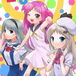 Rule 34 | 3girls, ;d, absurdres, arm at side, bat hair ornament, beret, black hairband, blue eyes, blue skirt, blush, bow, clannad, clenched hand, closed mouth, commentary request, company connection, cowboy shot, crossover, dress, dress shirt, eyelashes, grey eyes, grey hair, hair ornament, hairband, hand on own hip, hands up, happy, hat, highres, jumping, katou umi, key (company), little busters!, little busters! school uniform, long hair, looking at viewer, may salamanya, multicolored background, multiple crossover, multiple girls, nose, noumi kudryavka, one eye closed, open mouth, outstretched arm, parted bangs, pink bow, purple hair, red bow, sailor collar, sailor dress, sakagami tomoyo, school uniform, shirt, short dress, short sleeves, sidelocks, simple background, skirt, smile, standing, summer pockets, suspender skirt, suspenders, tareme, two side up, upper body, v-shaped eyebrows, very long hair, waving, white dress, white headwear, white sailor collar, white shirt