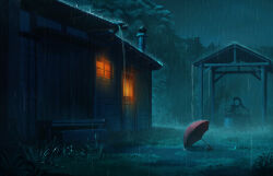 building bush chimney cloud grass highres night original outdoors pump rain rajawat sky tree umbrella well