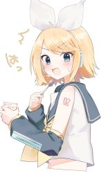 Rule 34 | 1girl, ^^^, bare shoulders, blonde hair, blue eyes, blush, bow, crop top, detached sleeves, embarrassed, flustered, food, grey sailor collar, grey sleeves, hair bow, hair ornament, hairclip, headphones, headset, highres, holding, holding spoon, kagamine rin, looking at viewer, mani (manidrawings), medium hair, midriff, navel, neckerchief, number tattoo, open mouth, pudding, sailor collar, short hair, shoulder tattoo, smile, solo, spoon, surprised, sweatdrop, swept bangs, tattoo, v-shaped eyebrows, vocaloid, white bow, yellow neckerchief