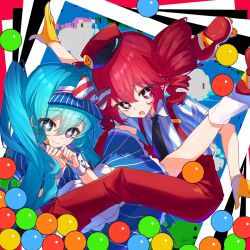 2girls abstract_background album_cover_redraw black_necktie blue_dress blue_eyes blue_hair closed_mouth collared_shirt commentary derivative_work dress drill_hair gloves hat hatsune_miku kasane_teto long_hair mesmerizer_(vocaloid) multiple_girls necktie open_mouth pants pink_eyes pink_hair pink_hat pink_pants pinstripe_dress pinstripe_pattern puffy_short_sleeves puffy_sleeves shirt short_sleeves smile sparkling_eyes striped_clothes striped_shirt su_dong_huo_ji suspenders symbol-only_commentary twin_drills twintails utau very_long_hair vocaloid yellow_gloves