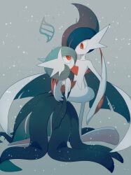 alternate_color arm_blade black_dress black_gloves blue_hair bob_cut cape colored_skin dress elbow_gloves gallade gardevoir gen_3_pokemon gen_4_pokemon gloves grey_background highres kneeling lemonade_kokoi mega_evolution_symbol mega_gallade mega_gardevoir mega_pokemon nintendo no_feet orange_eyes pokemon pokemon_(creature) shiny_pokemon strapless strapless_dress weapon white_cape white_skin