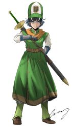 Rule 34 | 1boy, belt, blue hair, brown belt, brown shoes, buttons, clift, coat, commentary request, crazy02oekaki, double-breasted, dragon quest, dragon quest iv, full body, gloves, green coat, green leg warmers, grey eyes, grey gloves, hand on own hip, hat, highres, leg warmers, looking at viewer, male focus, mitre, orange scarf, overcoat, scarf, sheath, sheathed, shirt, shoes, short hair, signature, sleeveless, sleeveless coat, solo, sword, sword on back, weapon, weapon on back, white background, white shirt