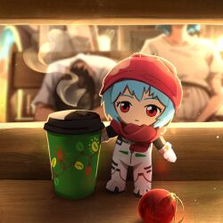 1boy 1girl absurdres ayanami_rei black_hair blue_hair bodysuit character_doll christmas_ornaments commentary cup disposable_coffee_cup disposable_cup doll highres ikari_shinji khyle. mecha_pilot_suit neon_genesis_evangelion plugsuit_(evangelion) pregnant red_eyes rei_chikita short_hair toy
