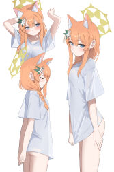 Rule 34 | 1girl, absurdres, animal ear fluff, arms behind back, arms up, ass, blue archive, blue eyes, bottomless, braid, clothes pull, commentary request, d (delt4), flower, hair flower, hair ornament, halo, highres, long hair, mari (blue archive), multiple views, orange hair, oversized clothes, oversized shirt, shirt, shirt pull, white background, white flower, white shirt, yellow halo
