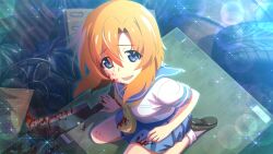 1girl black_shirt blood blood_on_clothes blood_on_face blood_on_hands blue_eyes blue_sailor_collar blue_sky crying film_grain from_above full_body game_cg highres higurashi_no_naku_koro_ni higurashi_no_naku_koro_ni_mei junk lens_flare lower_teeth_only miniskirt nata_(tool) necktie non-web_source official_art open_mouth orange_hair outdoors pleated_skirt ryuuguu_rena sailor_collar shirt short_hair short_sleeves sitting skirt sky socks solo sparkle tears teeth unused_tire wariza white_shirt white_socks yellow_necktie