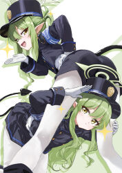2girls :d armband ass badge bent_over between_legs black_footwear black_hat black_jacket black_shorts black_skirt black_tail blue_archive blue_armband blue_trim buttons closed_mouth commentary demon_tail double-breasted earrings expressionless eyelashes fang feet_out_of_frame gloves green_background green_hair green_halo hair_between_eyes hair_over_shoulder halo hand_on_another&#039;s_leg hand_on_another&#039;s_thigh hat hikari_(blue_archive) jacket jewelry kakeian_(aiyoriaosi_00) kneeling leaning_forward long_hair long_sleeves looking_at_viewer looking_to_the_side making_faces multiple_girls nozomi_(blue_archive) open_mouth pantyhose peaked_cap pendant_earring person_between_thighs pointy_ears pout salute short_shorts shorts siblings sidelocks sisters skirt smile sparkle standing tail teasing train_conductor twins twintails very_long_hair white_background white_gloves white_pantyhose white_trim yellow_eyes