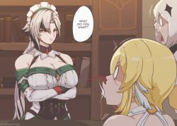 3girls alternate_costume arlecchino_(genshin_impact) black_eyes blonde_hair blurry bookshelf breasts cleavage commentary cosplay crossed_arms depth_of_field detached_sleeves english_commentary english_text genshin_impact indoors katheryne_(genshin_impact) katheryne_(genshin_impact)_(cosplay) large_breasts long_hair long_sleeves looking_at_another low_ponytail lumine_(genshin_impact) multicolored_hair multiple_girls paimon_(genshin_impact) ponytail short_hair_with_long_locks sidelocks speech_bubble surprised two-tone_hair tyrone white_hair