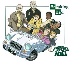 1girl 6+boys arm_on_another&#039;s_head bald bandana beanie beard belt better_call_saul black_eyes black_hair black_hat black_jacket black_shirt blonde_hair blue_eyes blue_necktie blue_pants breaking_bad brown_belt brown_hair brown_pants brown_suit camera car cartoonized cigarette closed_eyes closed_mouth collared_shirt commentary crossed_arms dark_skin driving english_commentary english_text facial_hair formal_clothes glasses green_shirt grey_jacket grey_suit grin gustavo_fring hat highres holding holding_camera holding_cigarette jacket jesse_pinkman kim_wexler lalo_salamanca license_plate logo looking_at_viewer mike_ehrmantraut mob_psycho_100 motor_vehicle multicolored_hair multiple_boys necktie one_(style) one_eye_closed orange_shirt pants parody pink_jacket pink_suit ponytail red_bandana saul_goodman shirt short_hair simple_background smile steering_wheel style_parody suit suit_jacket teeth tocartss toon_(style) two-tone_hair vehicle_focus walter_white white_background white_beard white_car white_hair white_shirt yellow_jacket yellow_shirt