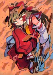 1girl absurdres ascot bow brown_hair detached_sleeves fire full_body gohei hair_bow hair_tubes hakama hakama_pants hakurei_reimu highres holding holding_gohei inuyama_konan japanese_clothes looking_at_viewer nontraditional_miko ofuda pants red_bow red_pants red_shirt sandals shirt socks solo tabi touhou white_socks yellow_ascot zouri
