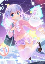 1girl angora_rabbit bag blue_bag blue_eyes blue_hair bow bowtie braid bread bread_slice brown_shoes child commentary_request cropped_shirt crossed_bangs eating flat_chest floating_hair food food_in_mouth full_body gochuumon_wa_usagi_desu_ka? hair_between_eyes hair_ornament hair_ribbon hand_on_own_chest highres kafuu_chino loafers long_hair long_sleeves midriff mouth_hold navel pink_serafuku pink_shirt pink_skirt plaid_clothes plaid_skirt pleated_skirt rabbit ribbon sailor_collar school_bag school_uniform serafuku shirt shoes shoulder_bag skindentation skirt solo taku_michi thighhighs tippy_(gochiusa) twin_braids white_bow white_bowtie white_ribbon white_sailor_collar white_thighhighs x_hair_ornament zettai_ryouiki