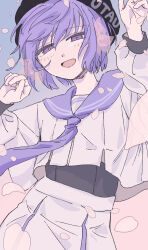 1girl :d absurdres beret black_hat black_unitard blush bright_pupils cherry_blossoms commentary_request falling_petals hakamada_tama half-closed_eyes hands_up hat highres looking_at_viewer necktie open_mouth pale_skin petals purple_eyes purple_hair purple_necktie school_uniform serafuku shirt short_hair skirt smile solo utane_uta utau very_short_hair w_arms white_pupils white_shirt white_skirt