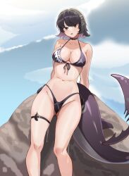 1girl bikini black_bikini breasts cleavage ellen_joe highleg highleg_bikini highres large_breasts leg_wrap looking_at_viewer medium_breasts navel nico-mo on_rock red_eyes shark_girl sitting solo swimsuit zenless_zone_zero