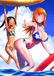 Rule 34 | 2girls, bikini, black hair, blue bikini, blush, breasts, charlotte e. yeager, cleavage, closed eyes, flag print, flag print bikini, francesca lucchini, grin, highres, italian flag bikini, italian flag print, large breasts, long hair, multiple girls, navel, orange hair, outdoors, print bikini, shiri chin, side-tie bikini bottom, sky, smile, strike witches, surfboard, swimsuit, thumbs up, twintails, world witches series